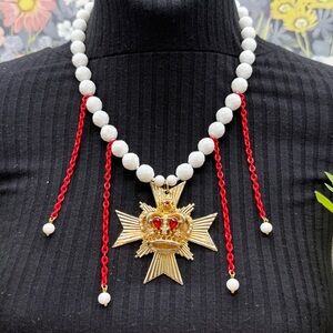 👑Adorned Crown Jewelry assemblage Maltese cross crown red rhinestone necklace